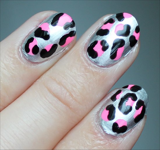 Pink, Black & Silver Leopard Nails Nail Art