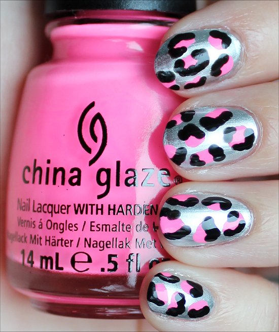 Silver, Black & Neon Pink Leopard Nails Nail Art